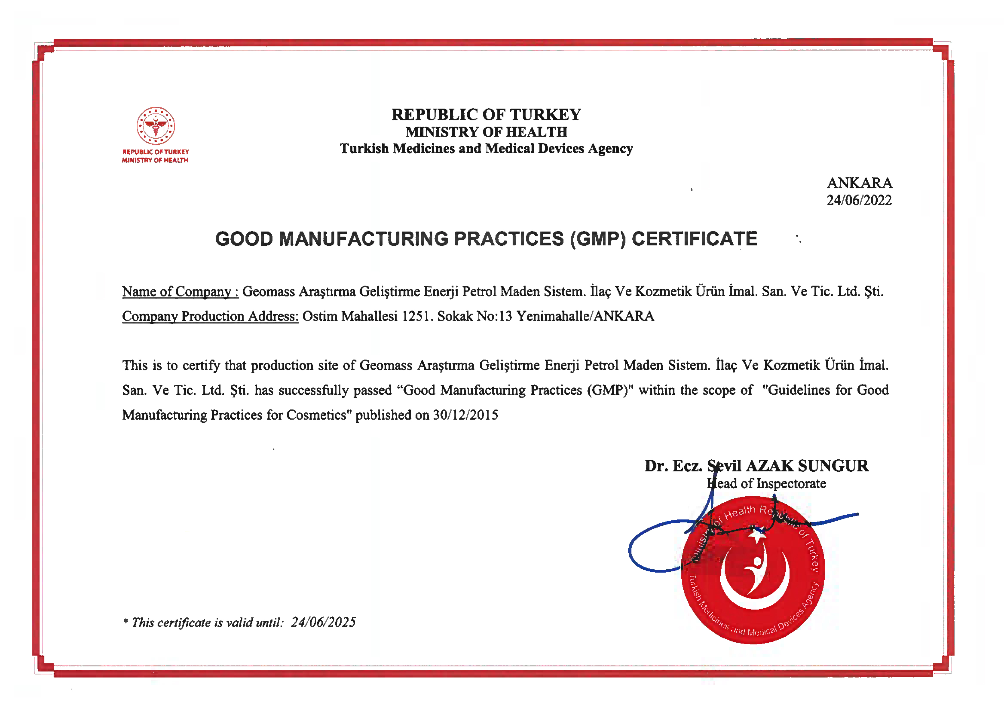 Sağlık Bakanlığı GMP Belgesi